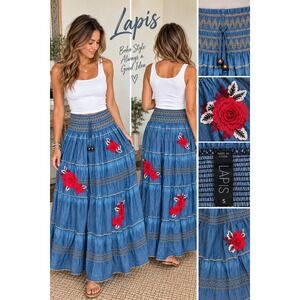 Lapis Skirt Floral Embroidered Tiered Denim Look Smocked Boho Maxi Size S